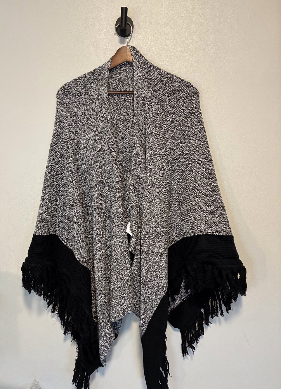 Cabi pepper cape fringe shawl, black & white speckled knit wrap. Stylish comfort
